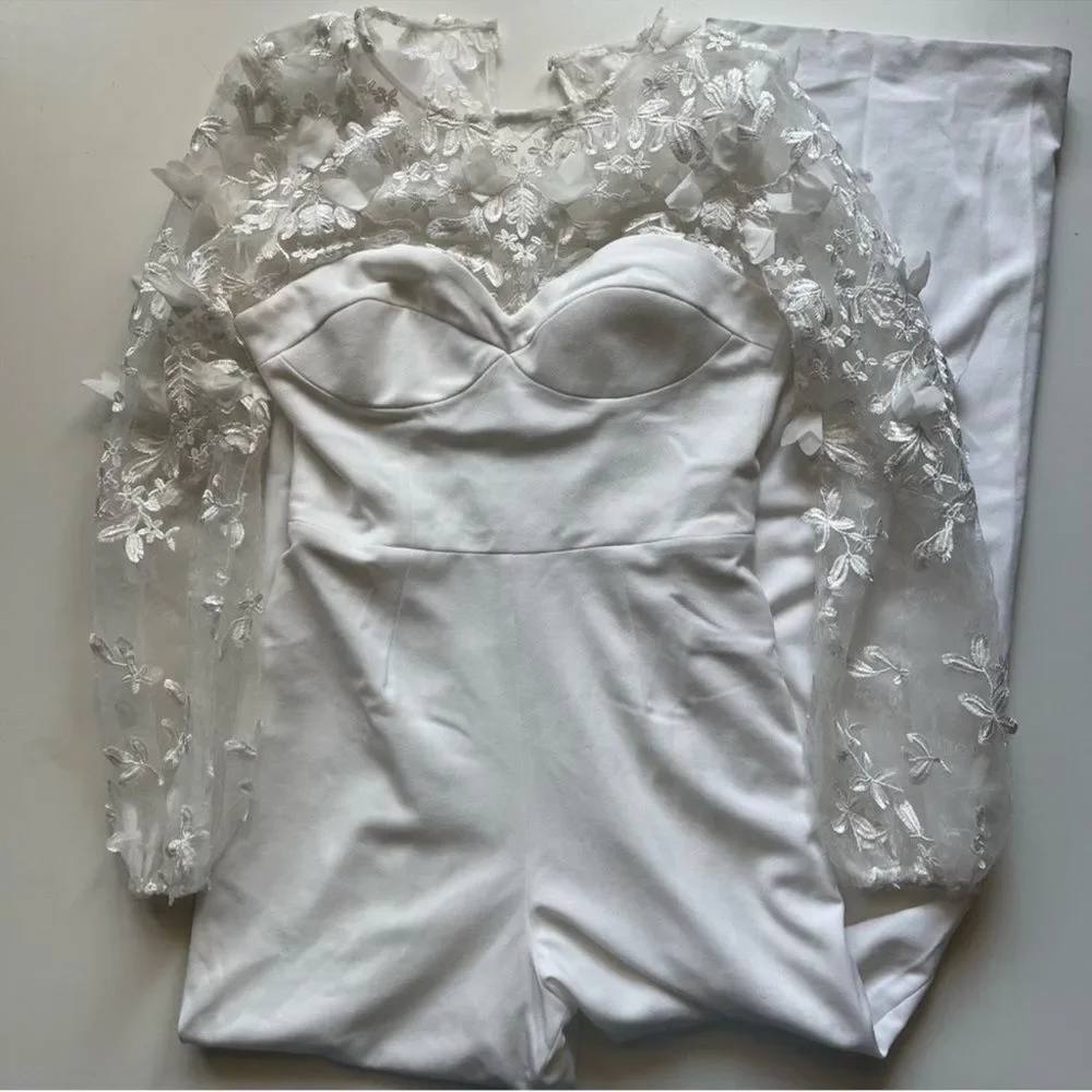 Dress the Population Mila Long Sleeve White Lace Jumpsuit 3d flowers - Picture 7 of 14